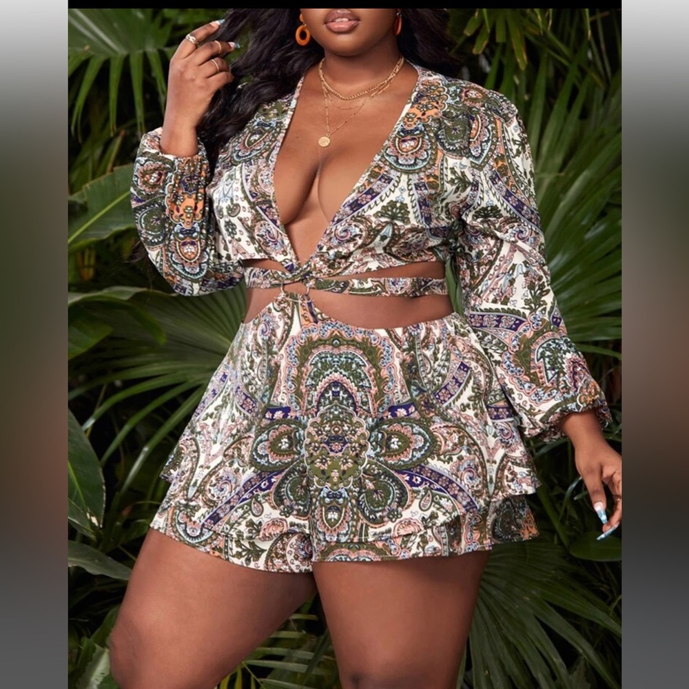 SHEIN Paisley Print Cut Out Romper - Size 1X